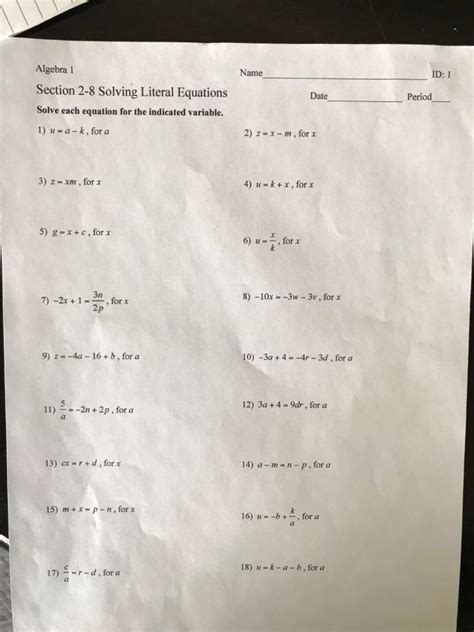 literal equations worksheet solve each equation for the indicated variable